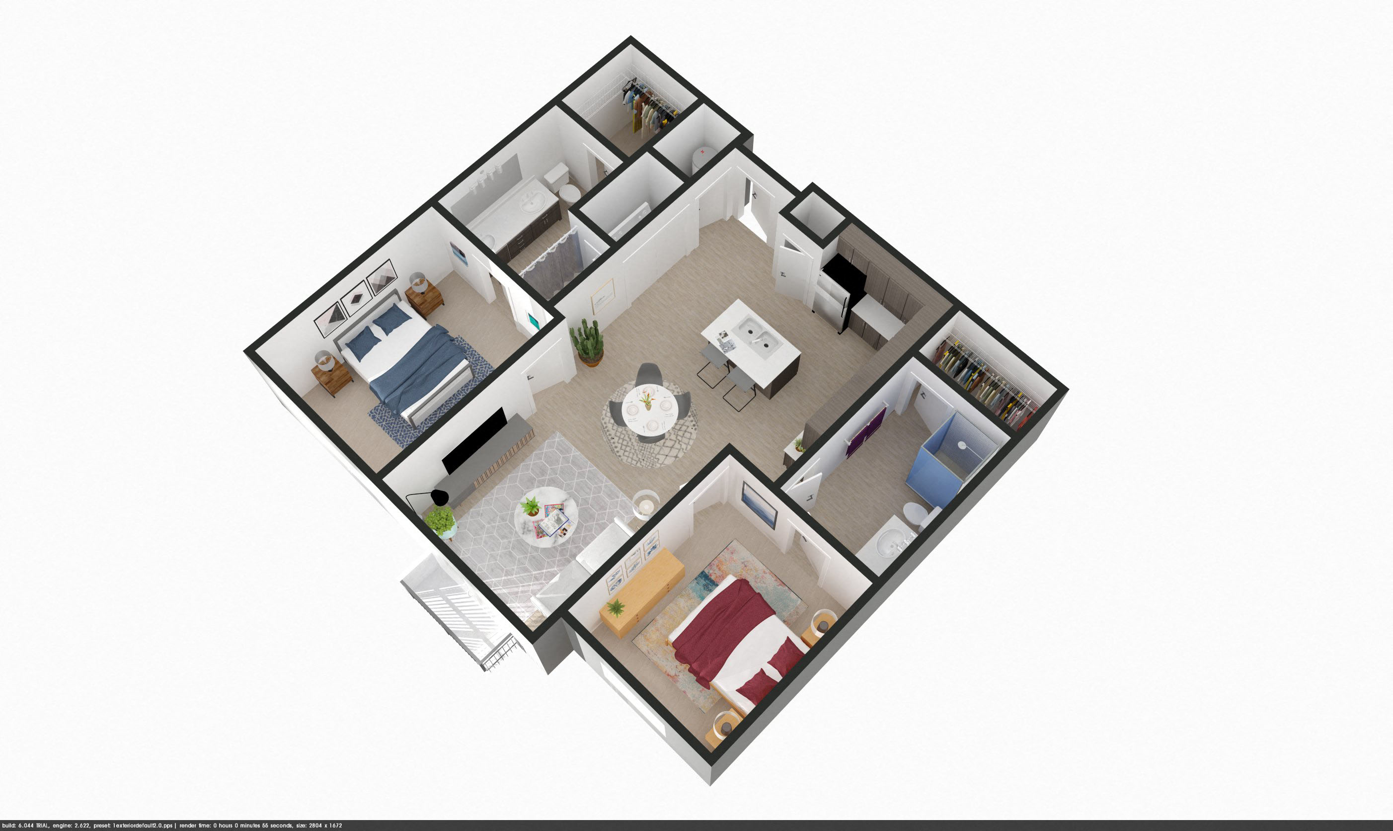 Floor plan for 2 beds, 2 baths, 987 sqft